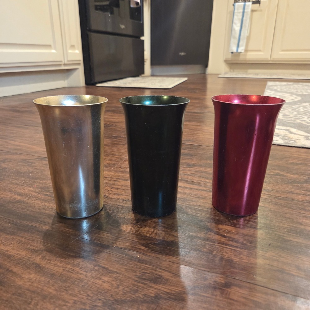 Vintage Color Craft Anodized Aluminum Tumblers Set of 3 Gold Black Red Retro